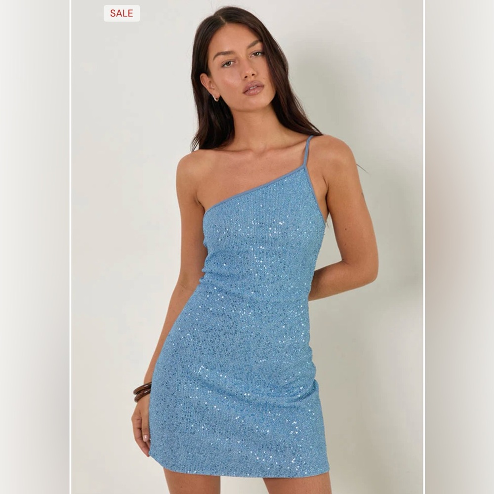 Motel Rocks One-Shoulder Blue Sequin Dress